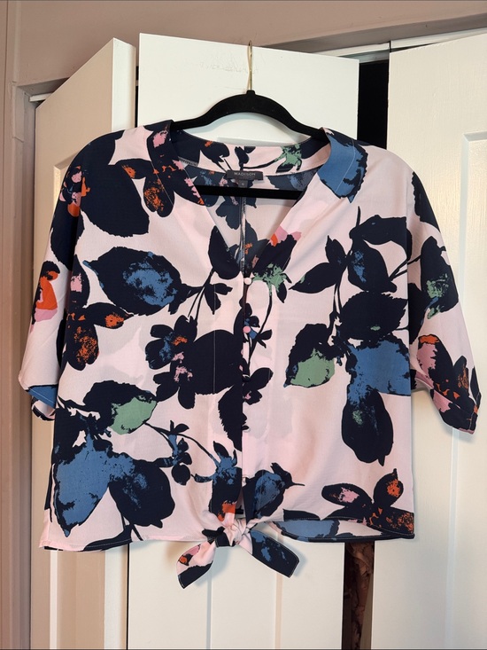 Madison Tops - Madison Pink Floral Tie-Front Blouse with Navy and Blue Accents